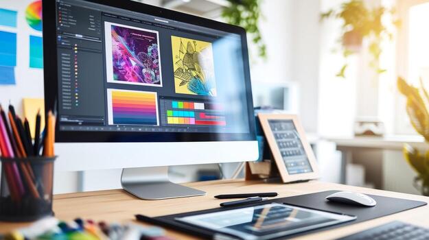 ai generated modern graphic design workspace with dual screens photo